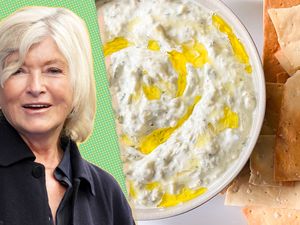 A split image of Martha Stewart and a bowl of artichoke dip with crackers on the side