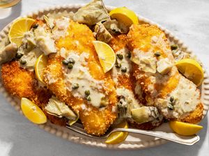 overhead view of Lemon-Artichoke Chicken Piccata on a platter