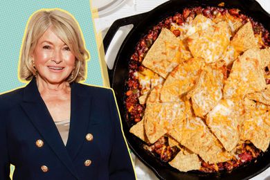Martha Stewart image over a blue and yellow dotted background next to a photo of her taco casserole