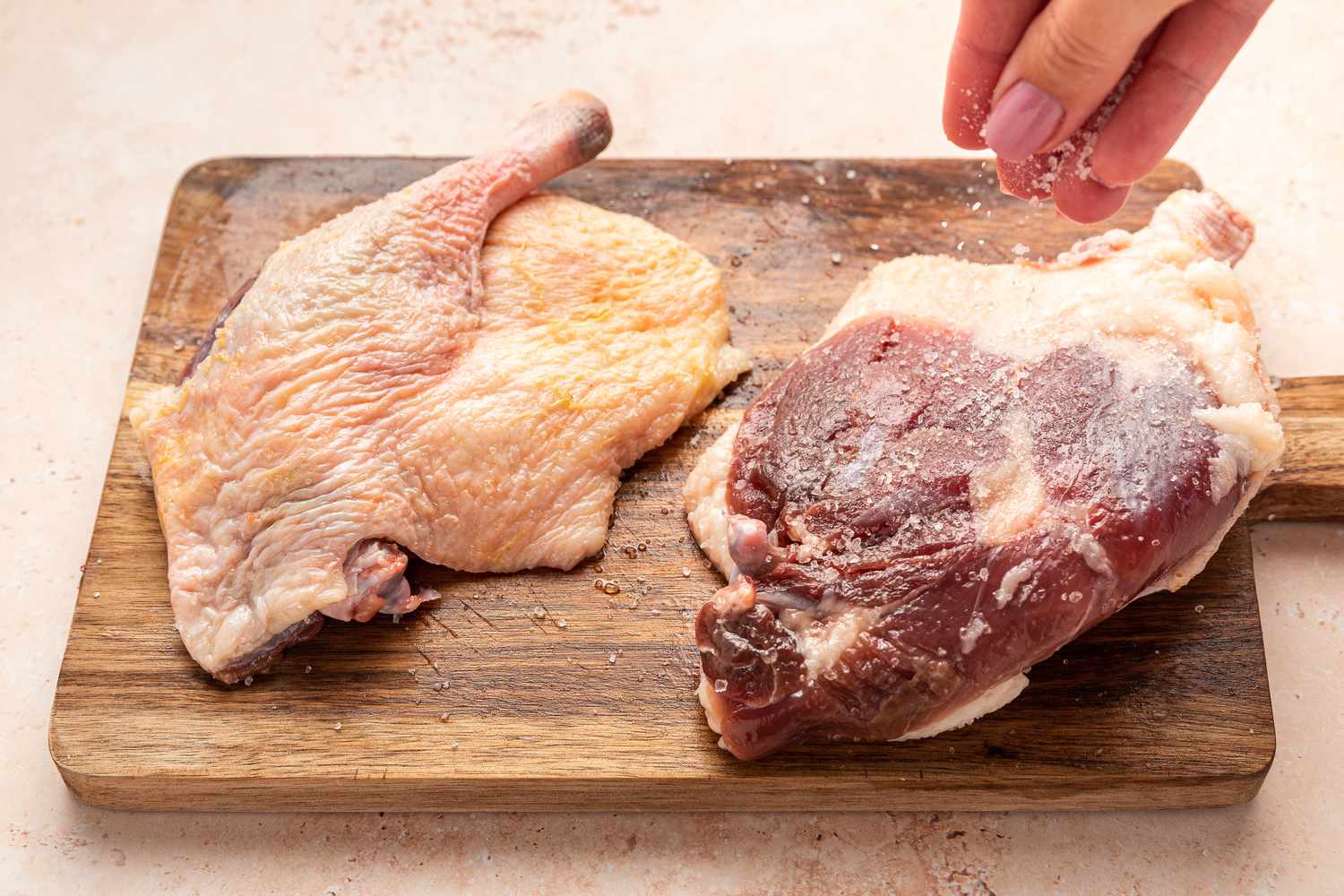 Salted Duck Resting on Cutting Board for Duck Leg Recipe