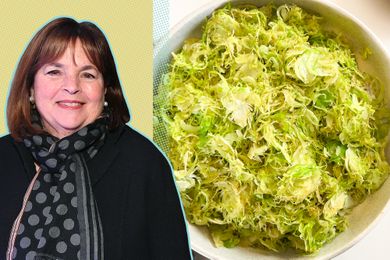 A split image of Ina Garten and a bowl of shredded Brussels sprouts