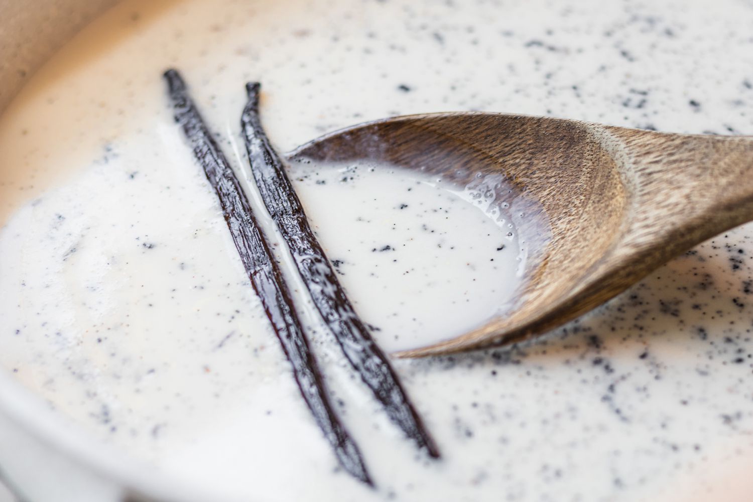 Vanilla bean pods set in the custard to make vanilla ice cream recipe.