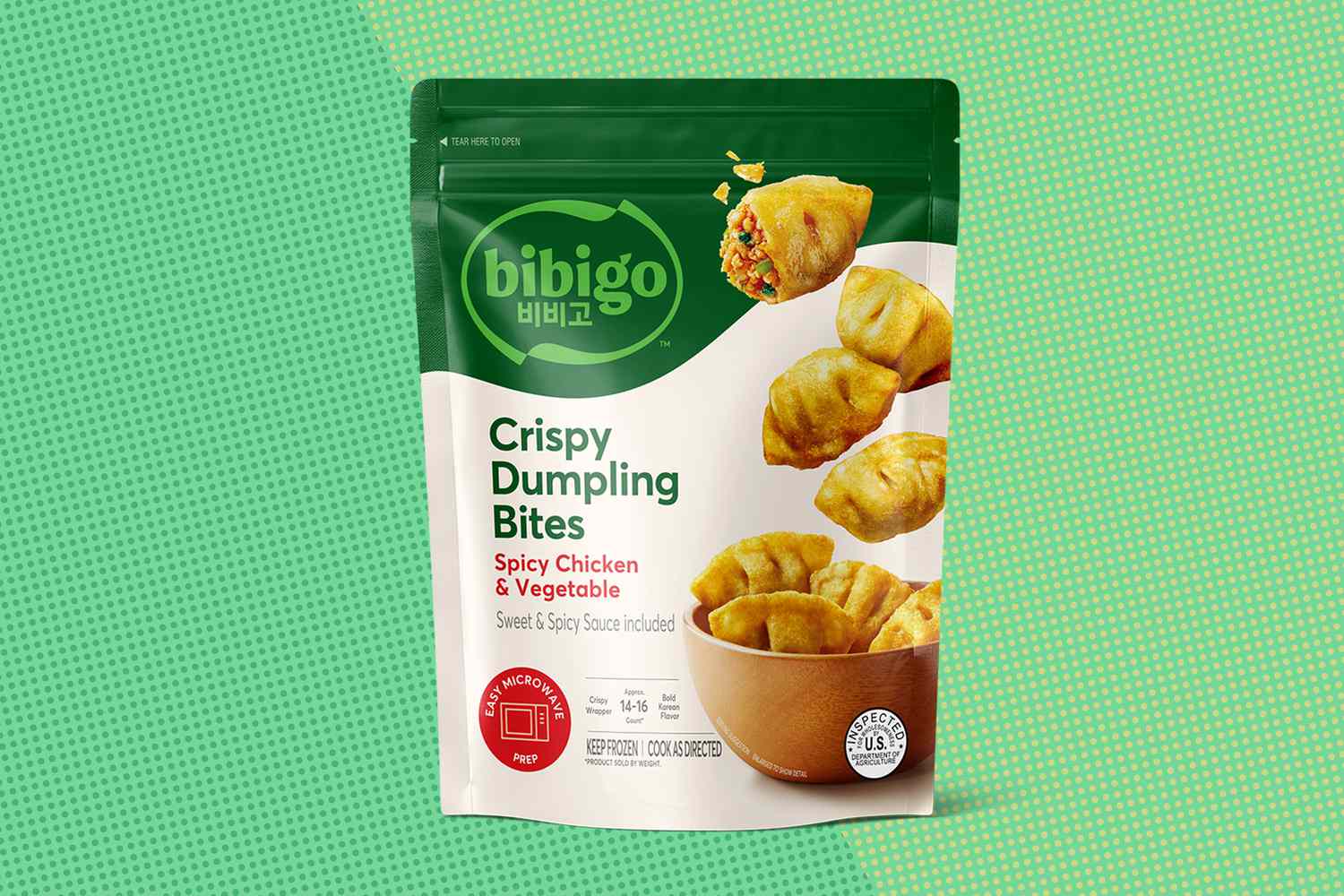 pouch of bibigo Crispy Dumpling Bites Spicy Chicken & Vegetable