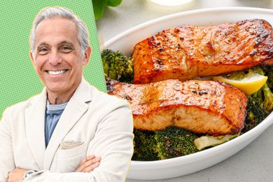 A split image of Geoffrey Zakarian and a baking dish with two salmon fillet on top of broccoli