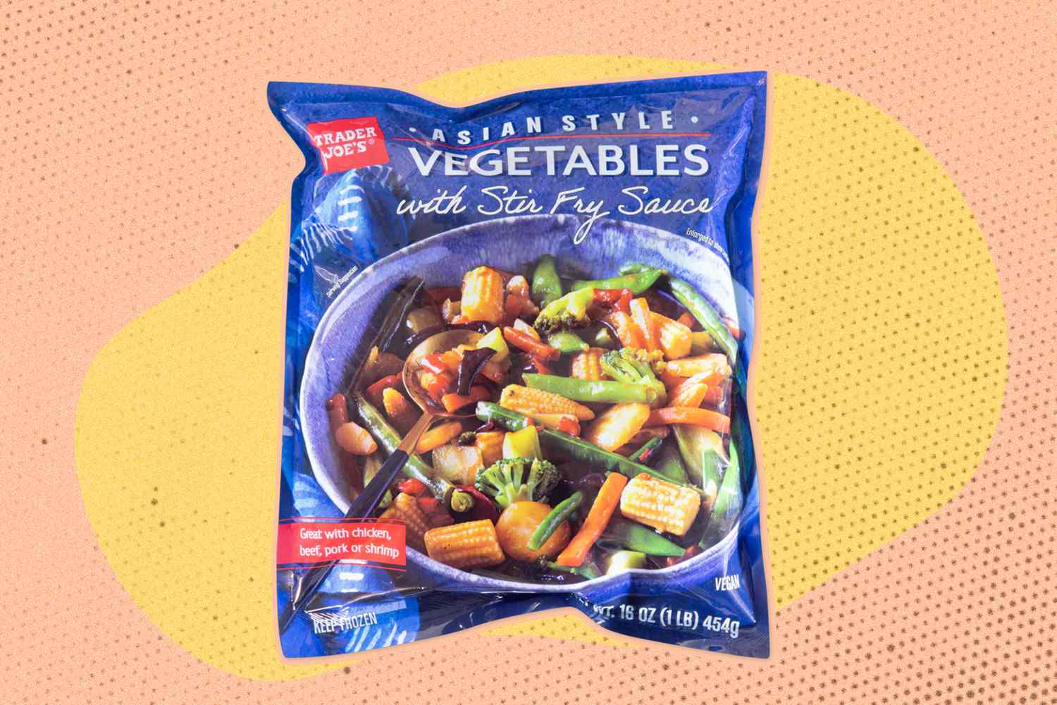 A bag of Trader Joe's frozen stir-fry bag on an illustrated background