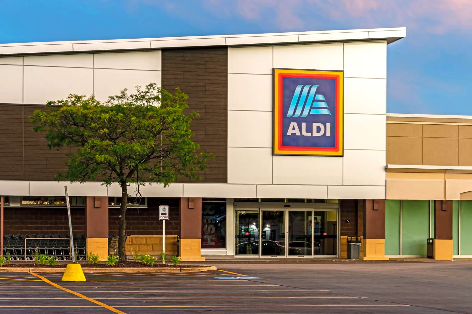 Front exterior of an Aldi supermarket with a tree in the foreground