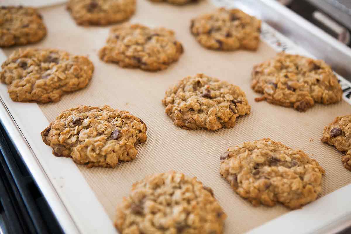 baked oatmeal chocolate chip cookies on a cookie sheet