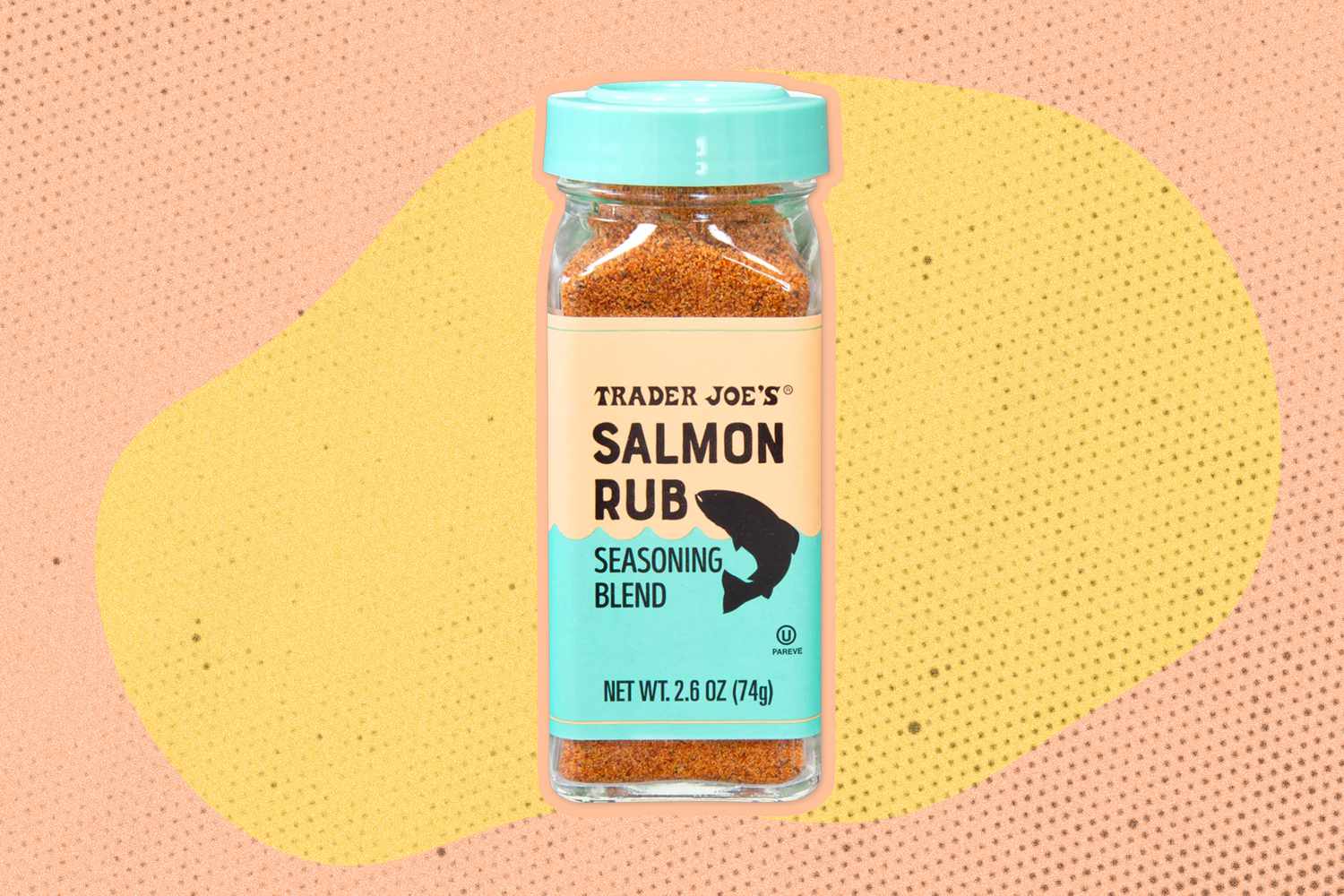 Jar of Trader Joe's Salmon Rub Seasoning Blend on a yellow and orange speckled background