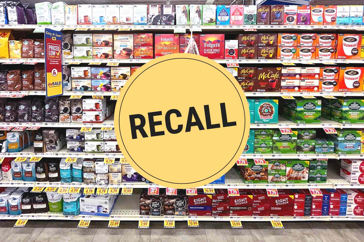 Grocery store coffee aisle with a yellow Recall sign overlay