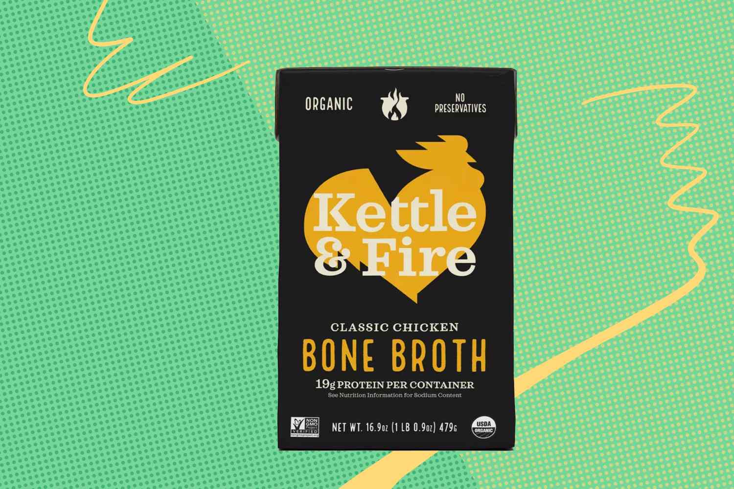 Kettle Fire classic chicken bone broth package with labeling and branding details on a green background