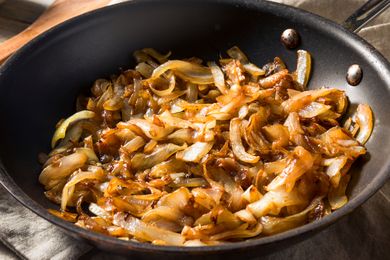 Caramelized onions in a frying pan