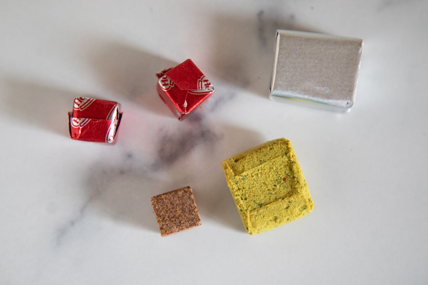 Bouillon cubes wrapped and unwrapped