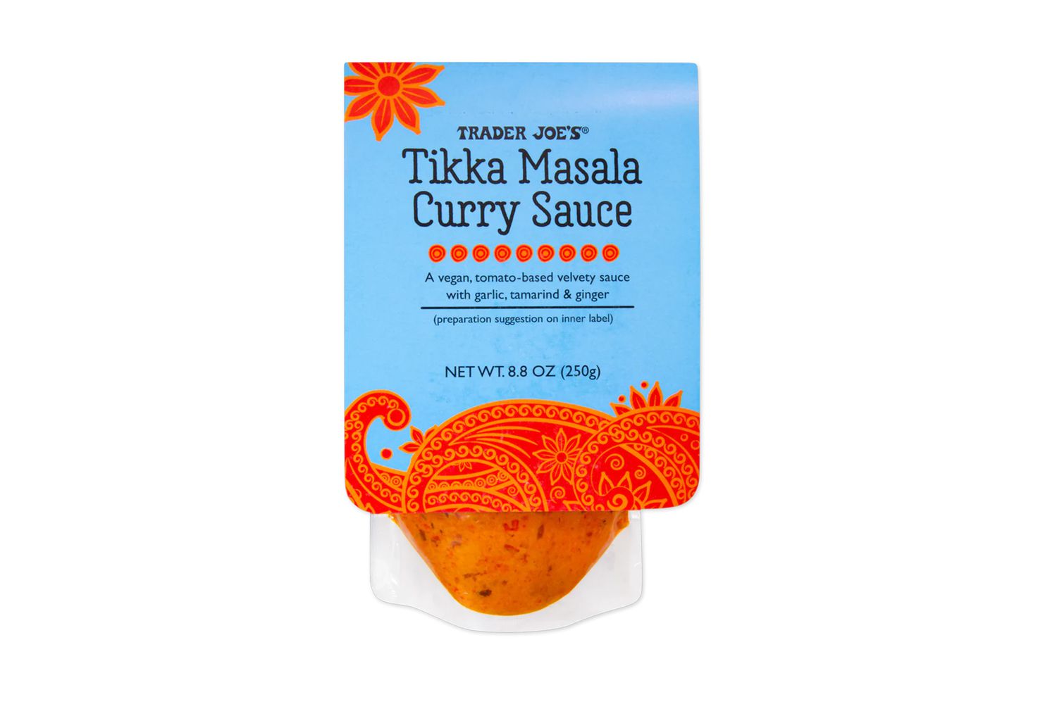 Front view of a package of Trader Joe's Tikka Masala Curry Sauce