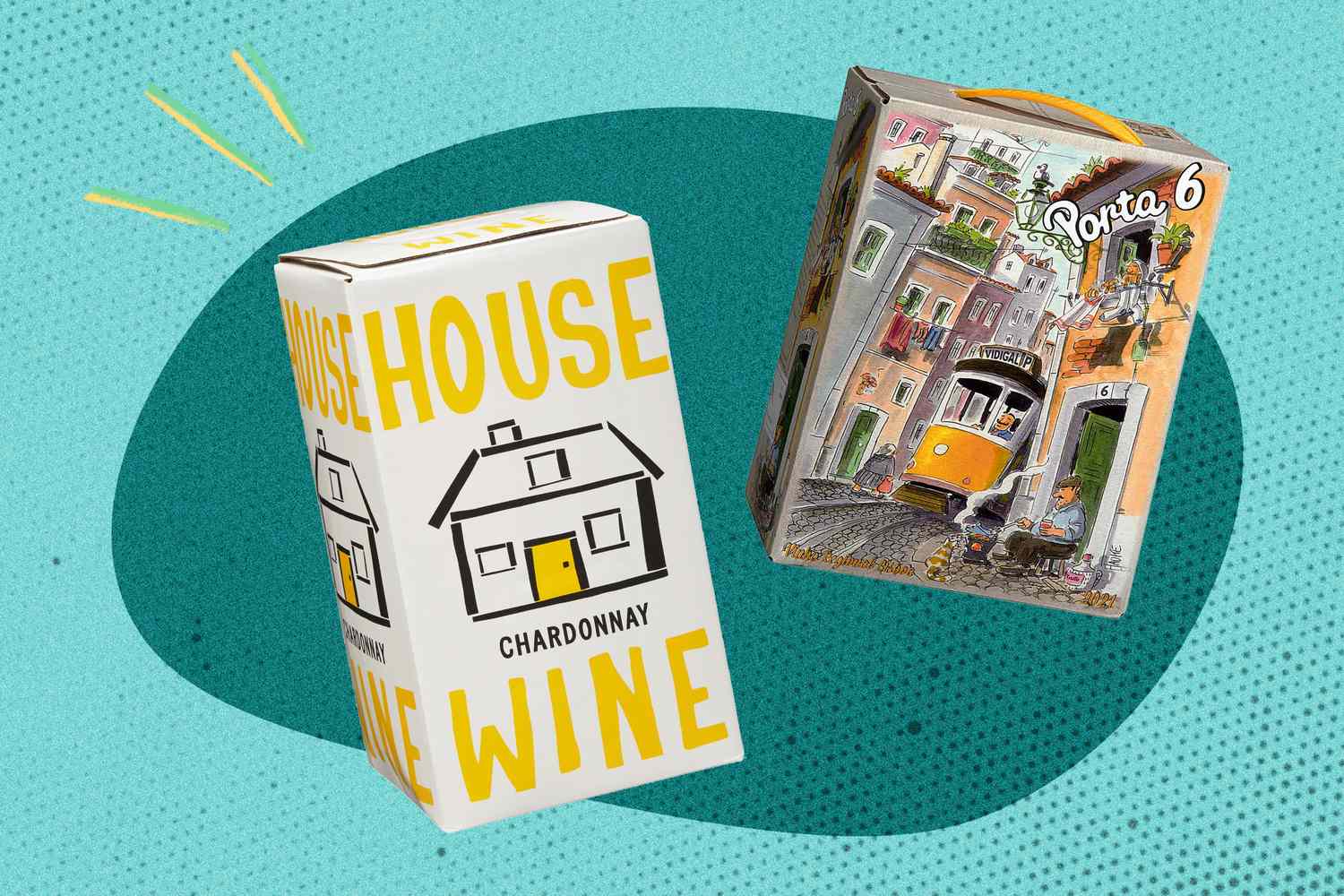 Two boxed wines one labeled House Chardonnay and the other Porta 6 displayed against a stylized background