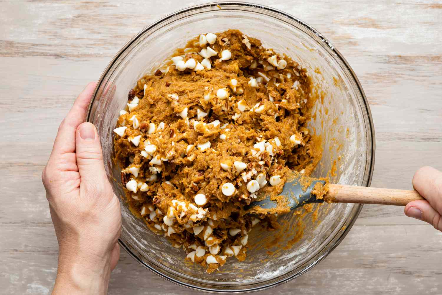 White Chocolate Chips and Pecans Added to Pumpkin Blondies Mix