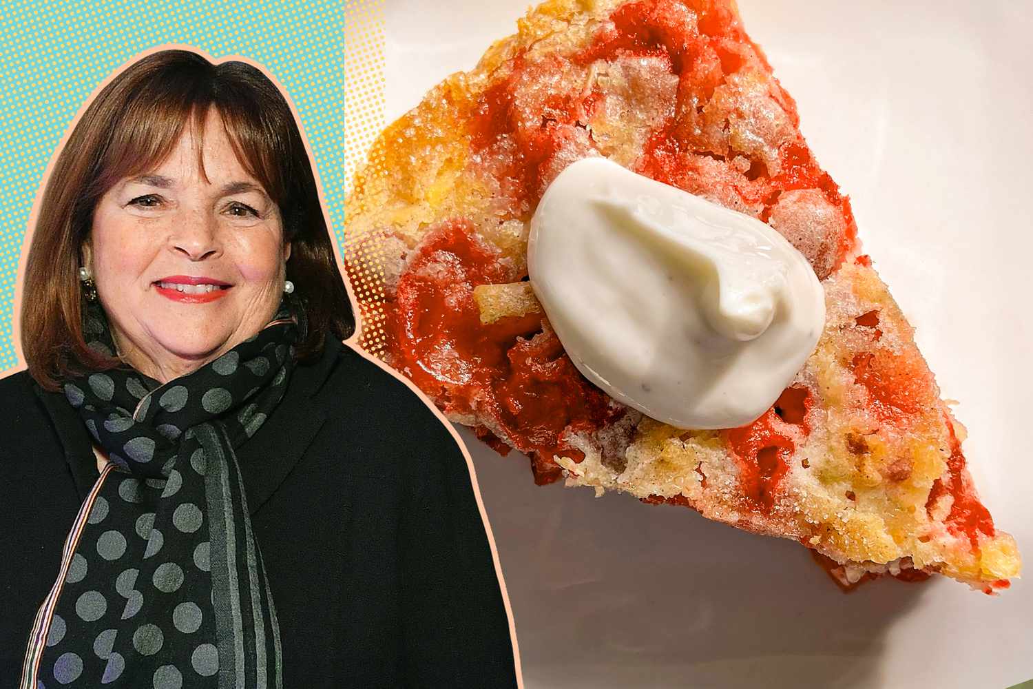 Ina Garten and a slice of cranberry apple cake with whipped cream