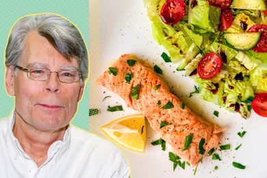 Stephen King portrait and overhead view of salmon dish, Stephen King's 3-Minute Salmon