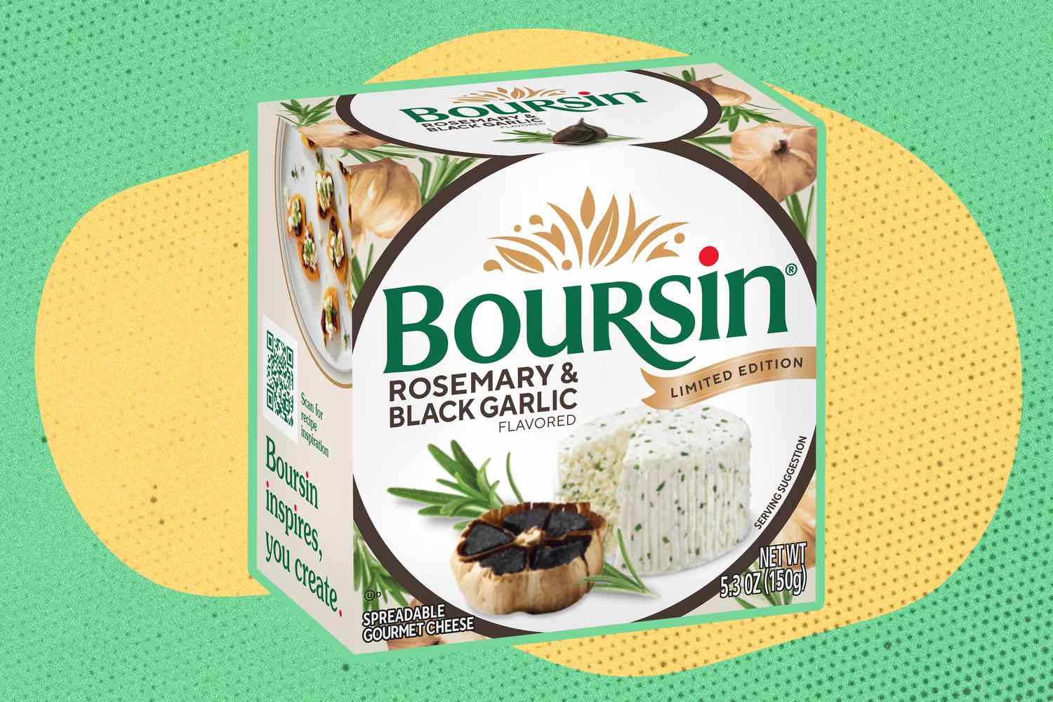 Boursin Rosemary & Black Garlic box on a yellow and green background