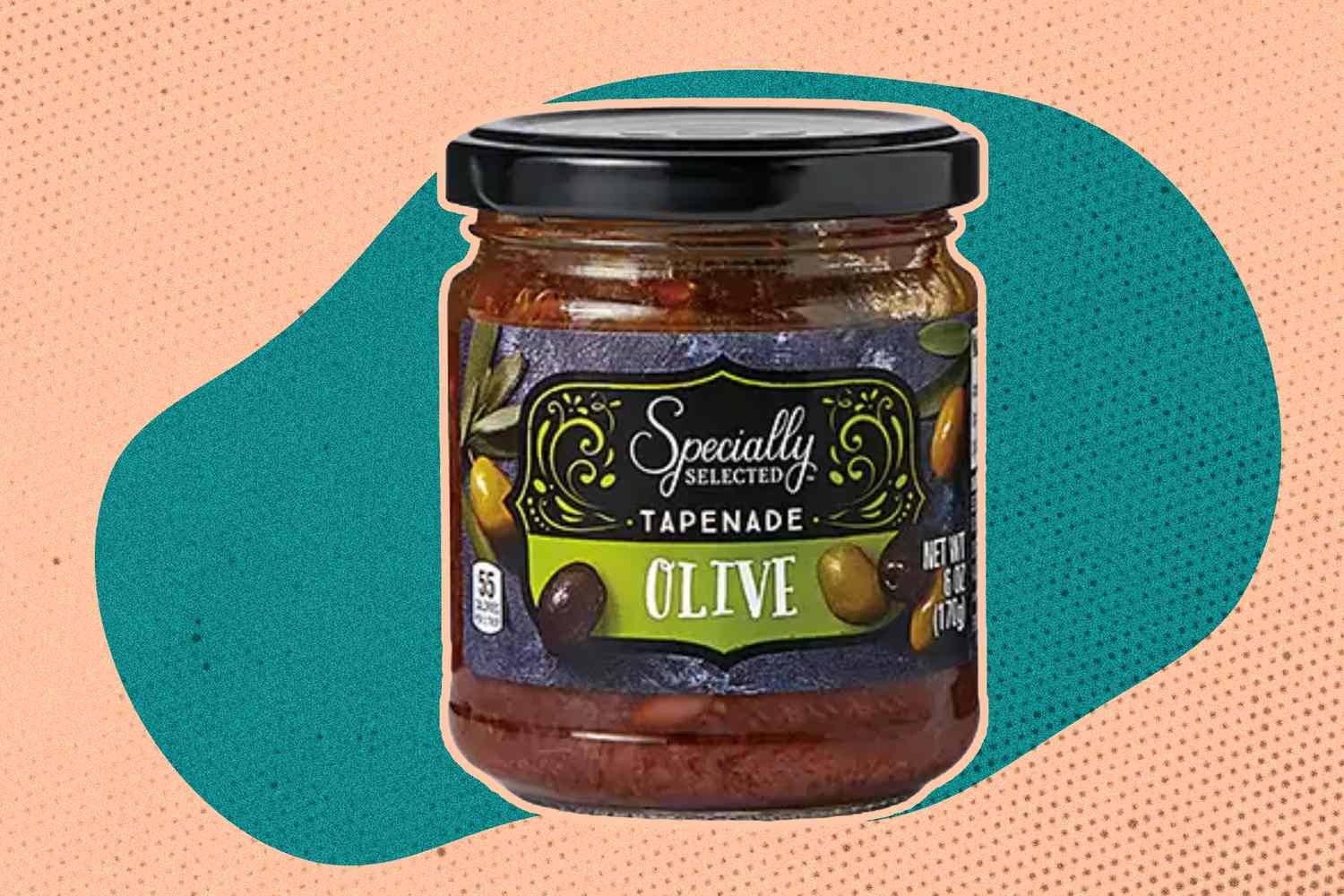 A jar of ALDI Olive Tapenade on an illustrated background