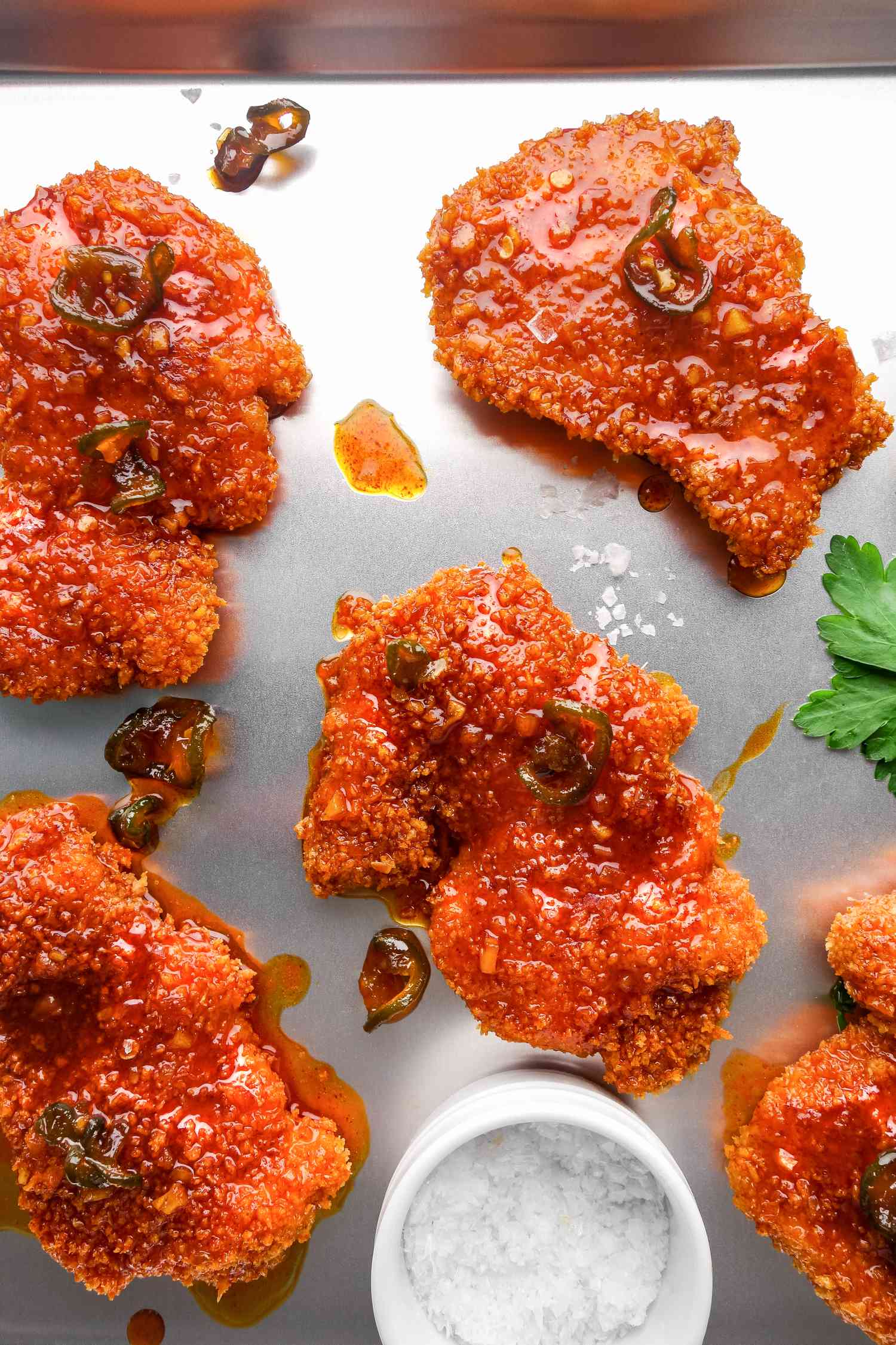 Honey honey chicken on baking sheet. 