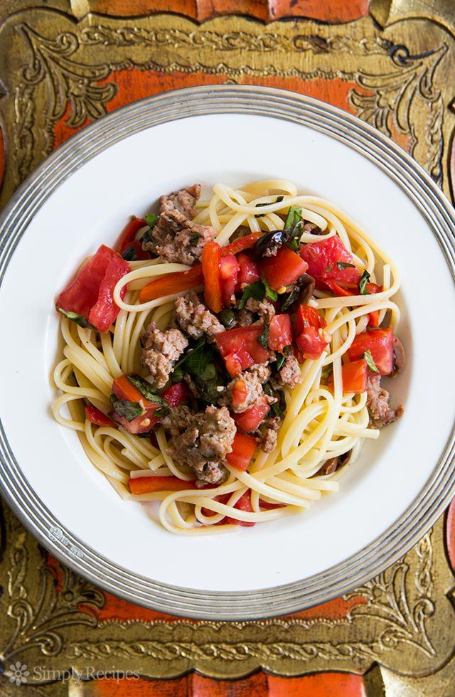 Pasta with Italian Sausage, Tomatoes, Roasted Peppers, and Basil