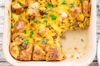 Bagel Breakfast Casserole with Sausage, Egg, and Cheese