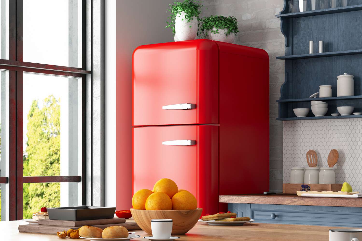 A retor style kitchen with a red refrigerator