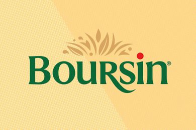 Boursin cheese logo displayed on a yellow background
