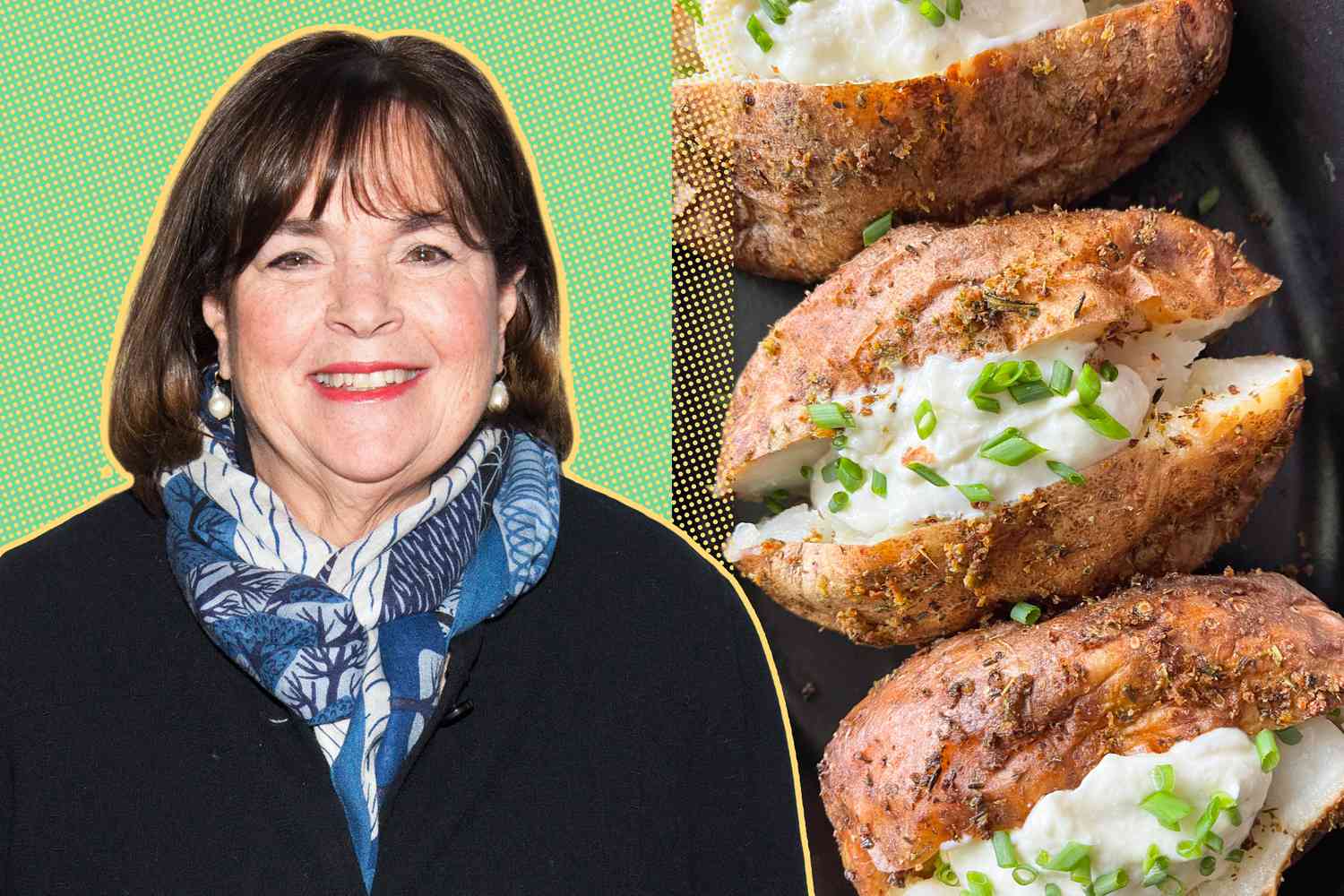 Ina Garten headshot on a green background next to an overhead view of three loaded baked potatoes