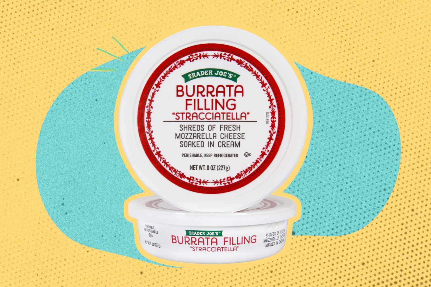 Trader Joe's Burrata Filling Stracciatella over a colorful background