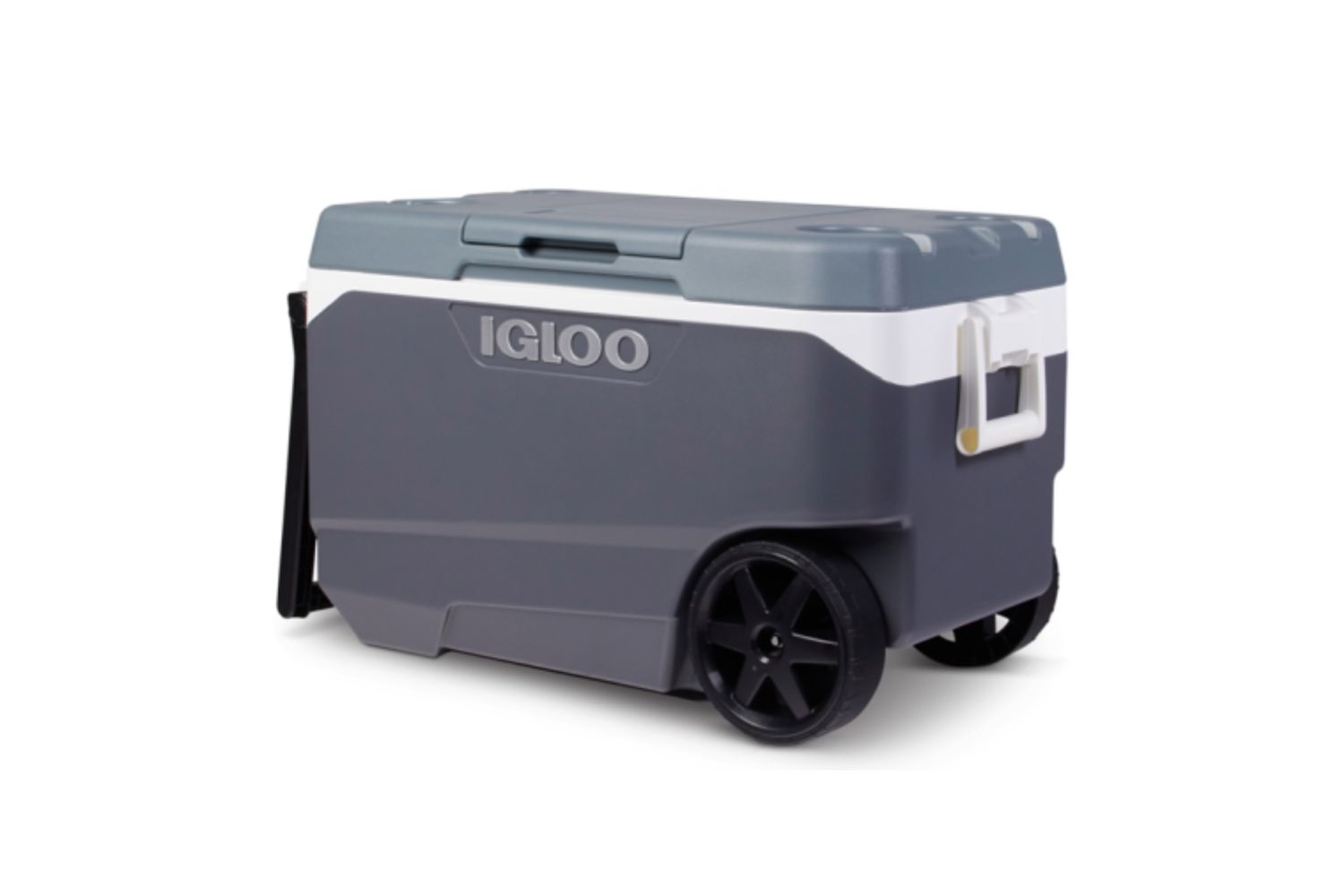 An Igloo brand cooler with two wheels and a tow handle