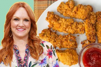 Portrait of Ree Drummond next to a plate of chicken strips