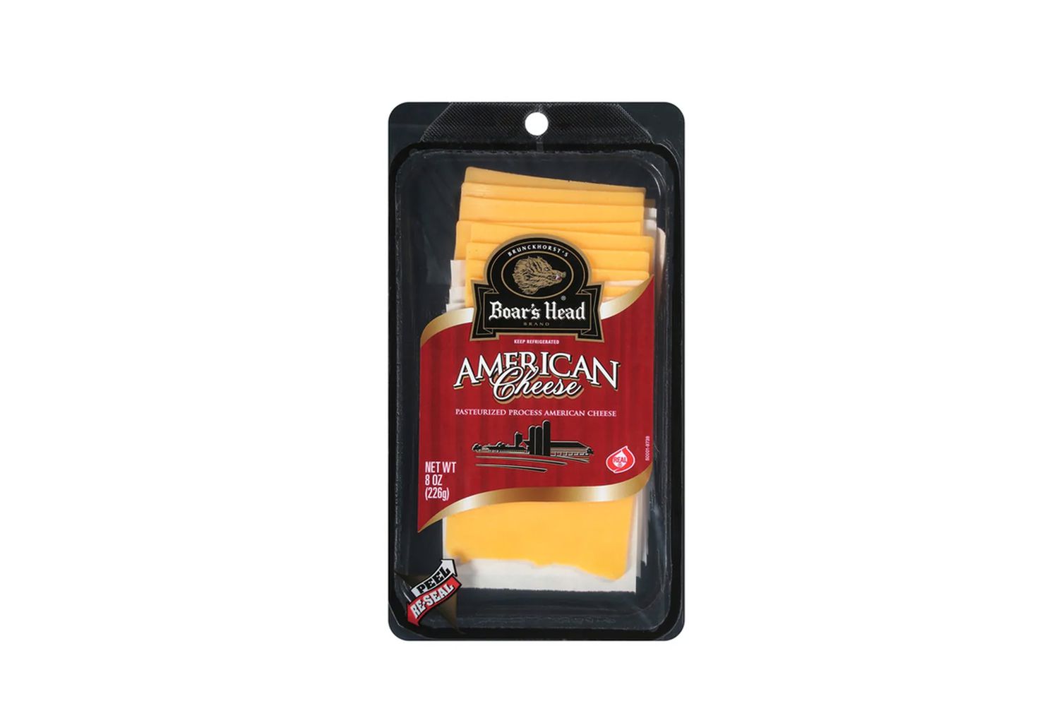Packaged sliced Boar's Head American cheese, black and red label with title and logo displayed.