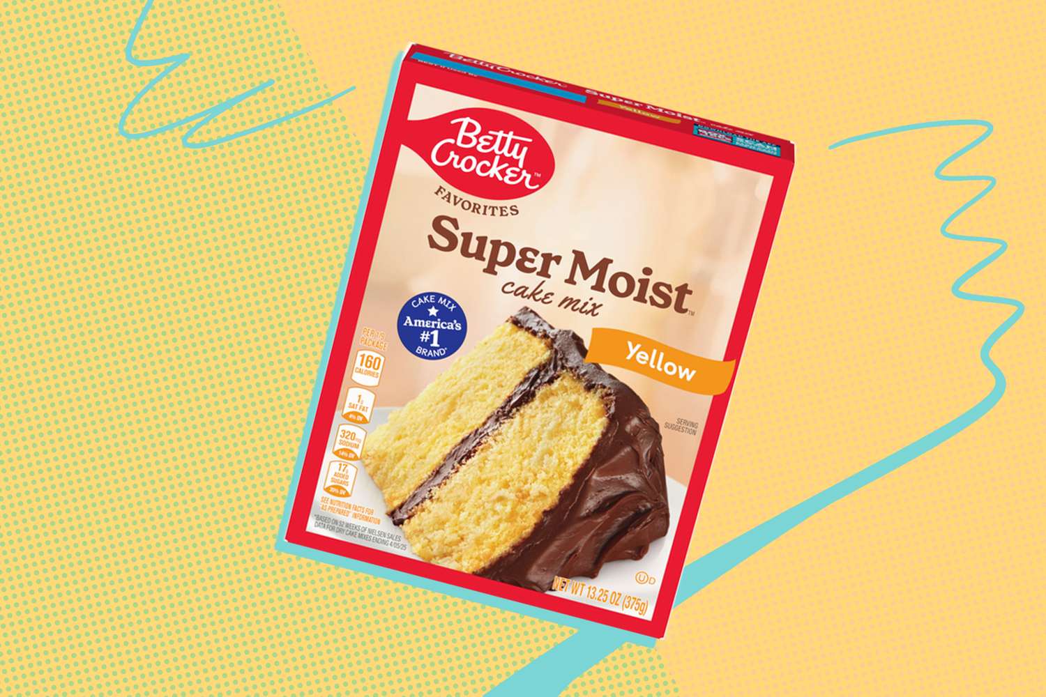 Betty Crocker Super Moist yellow cake mix box shown against a patterned background