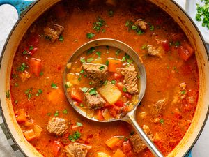 Overhead view of a dutch oven of Hungarian goulash with a ladle in the center with a serving inside