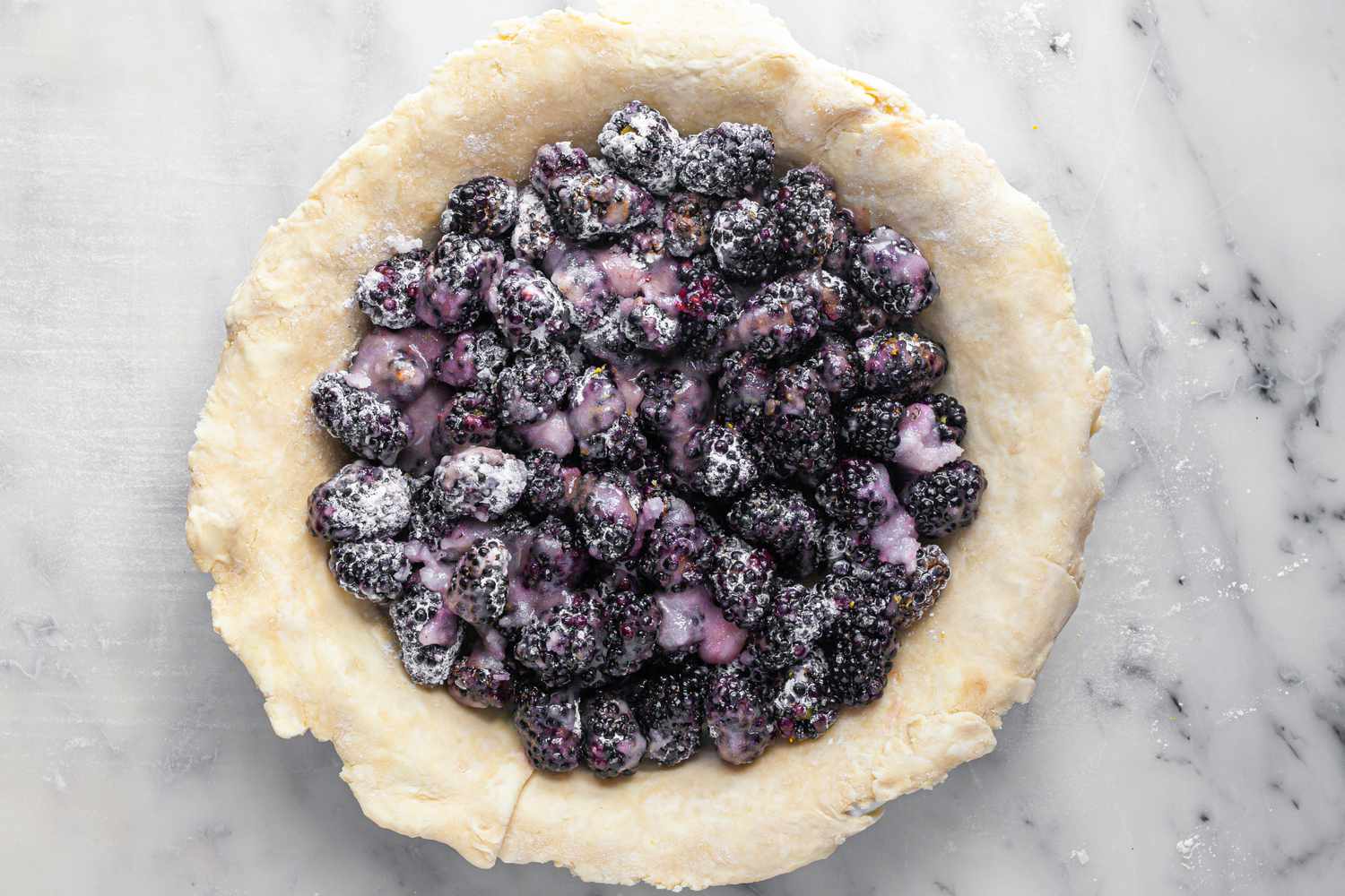 Pie Dough Lined Pie Pan Filled with Blackberry Mixture