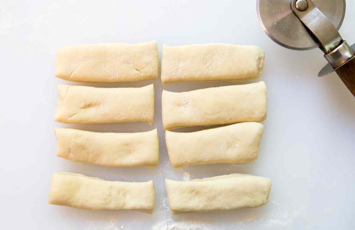 cut rectangles into 8 strips for garlic knots