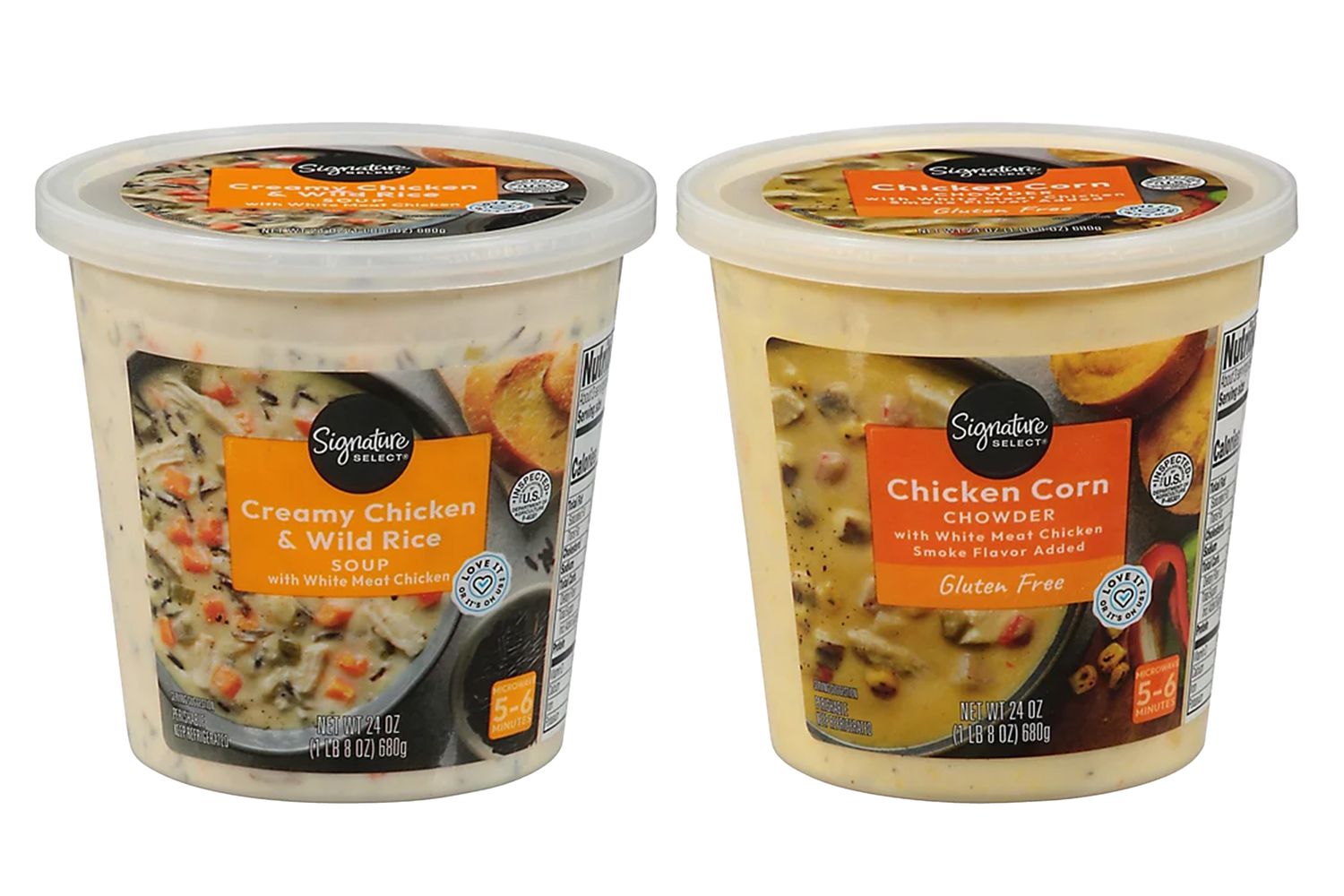 Two containers of soup with labels reading creamy chicken wild rice and chicken corn chowder