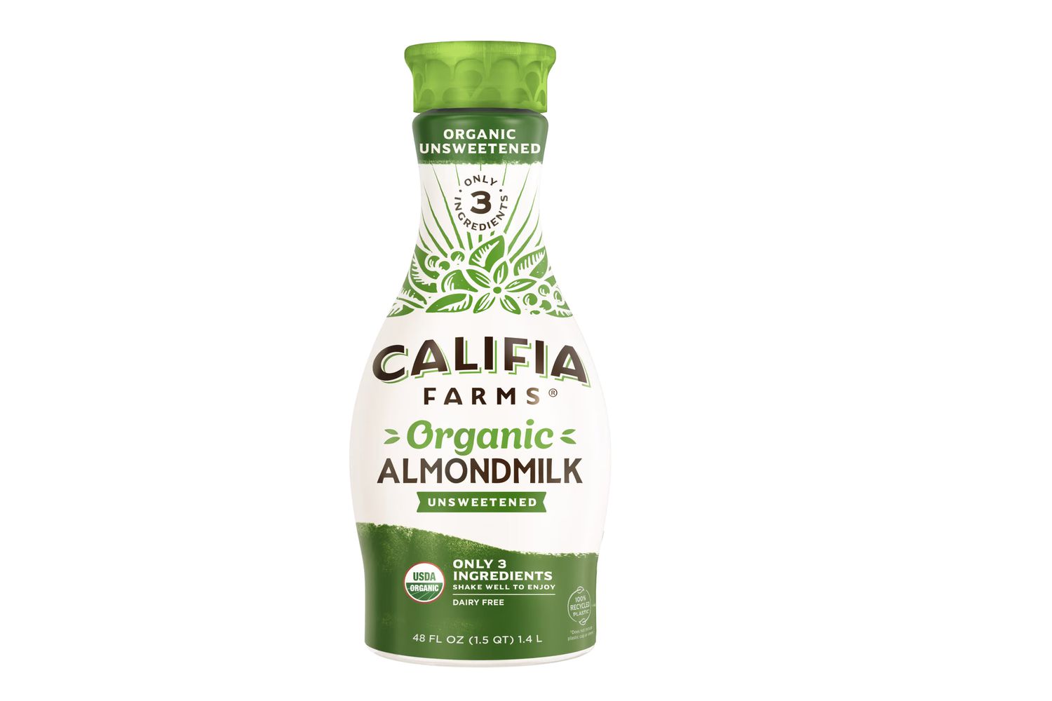 Front view of a bottle of Califia Farms organic unsweetened almond milk on a white background