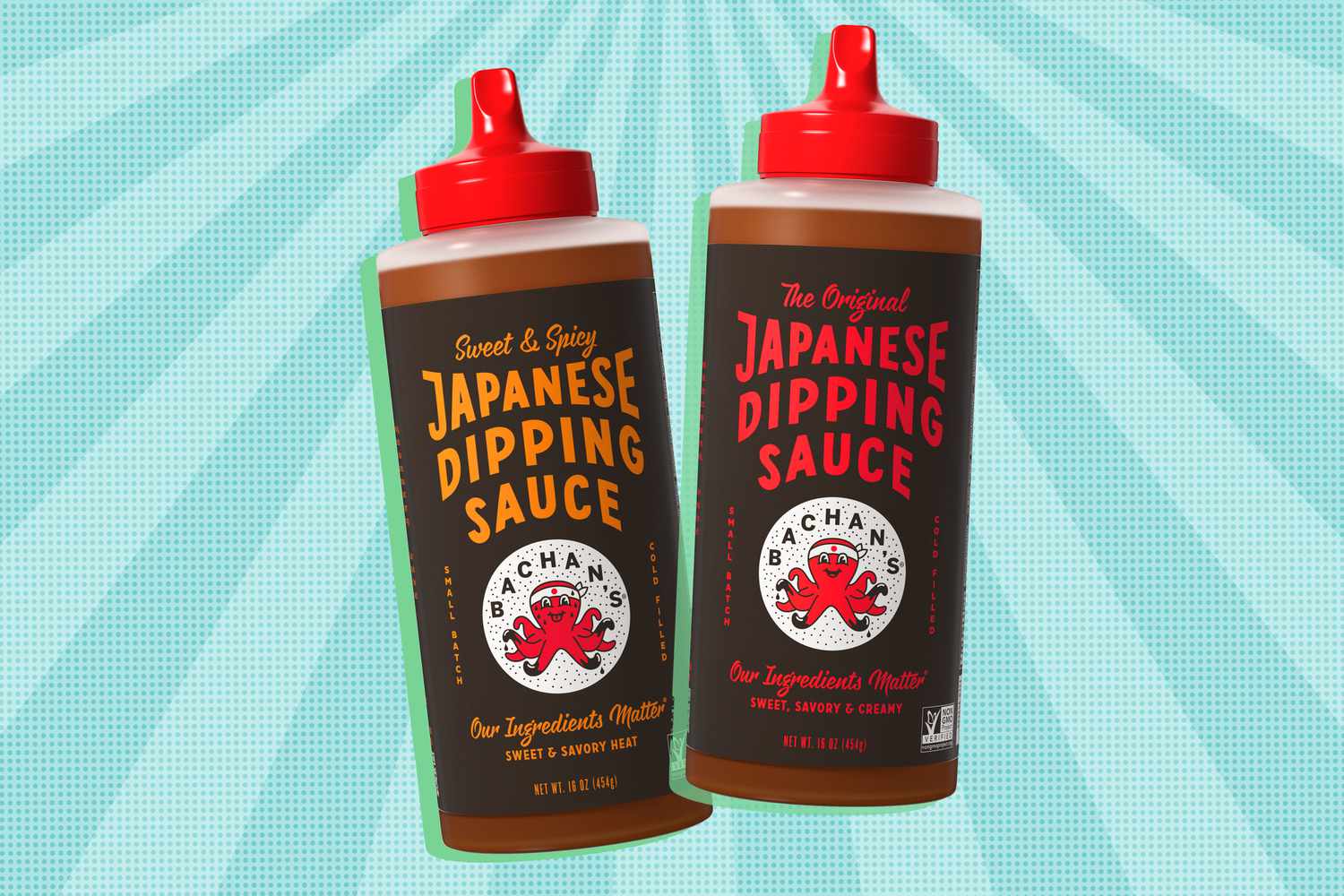 Two Bachan's dipping sauce bottles on a blue illustrated background