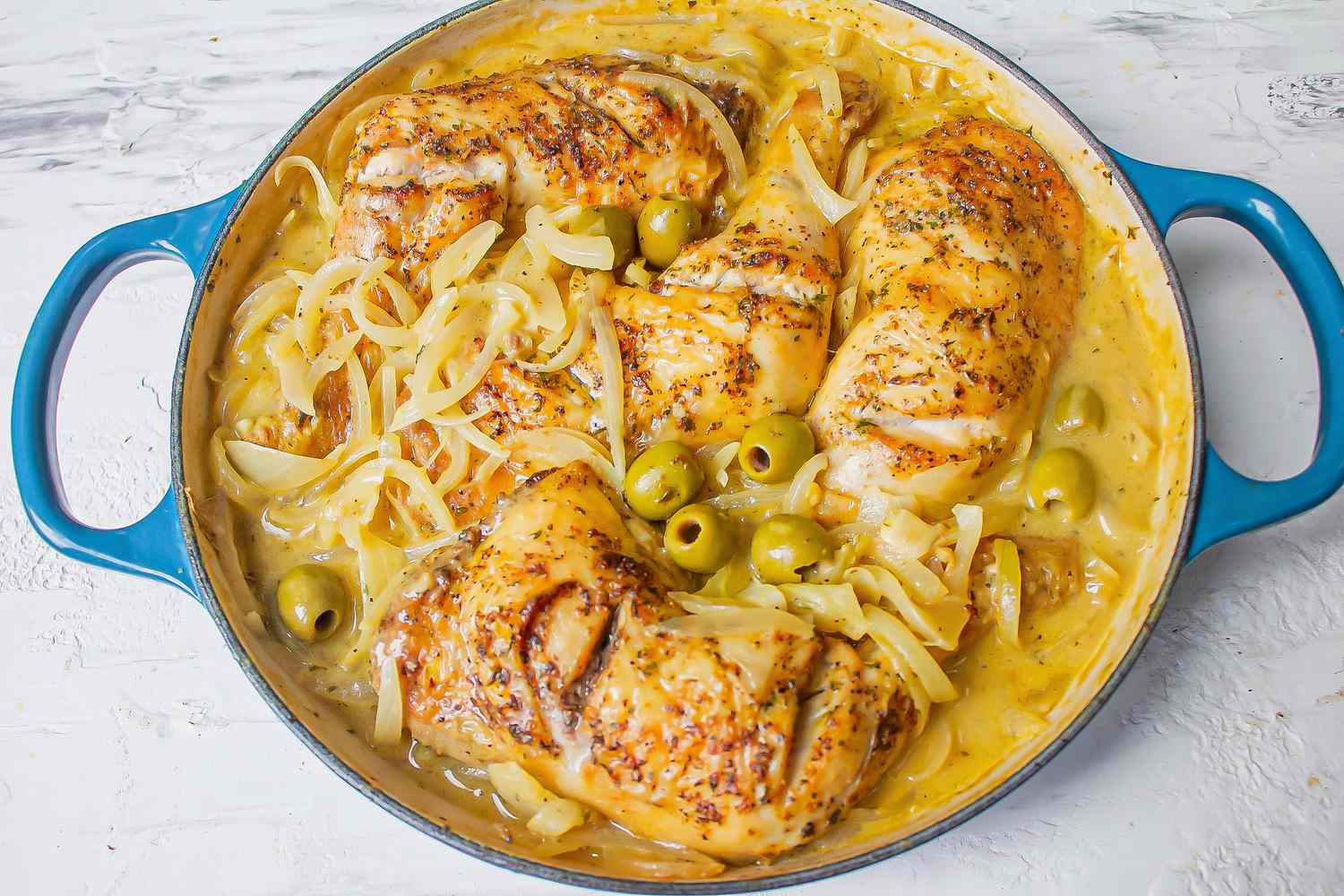 Easy chicken yassa with onion mustard sauce and olives 