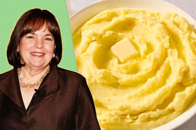 Ina Garten against a graphic background and a large bowl of mashed potatoes