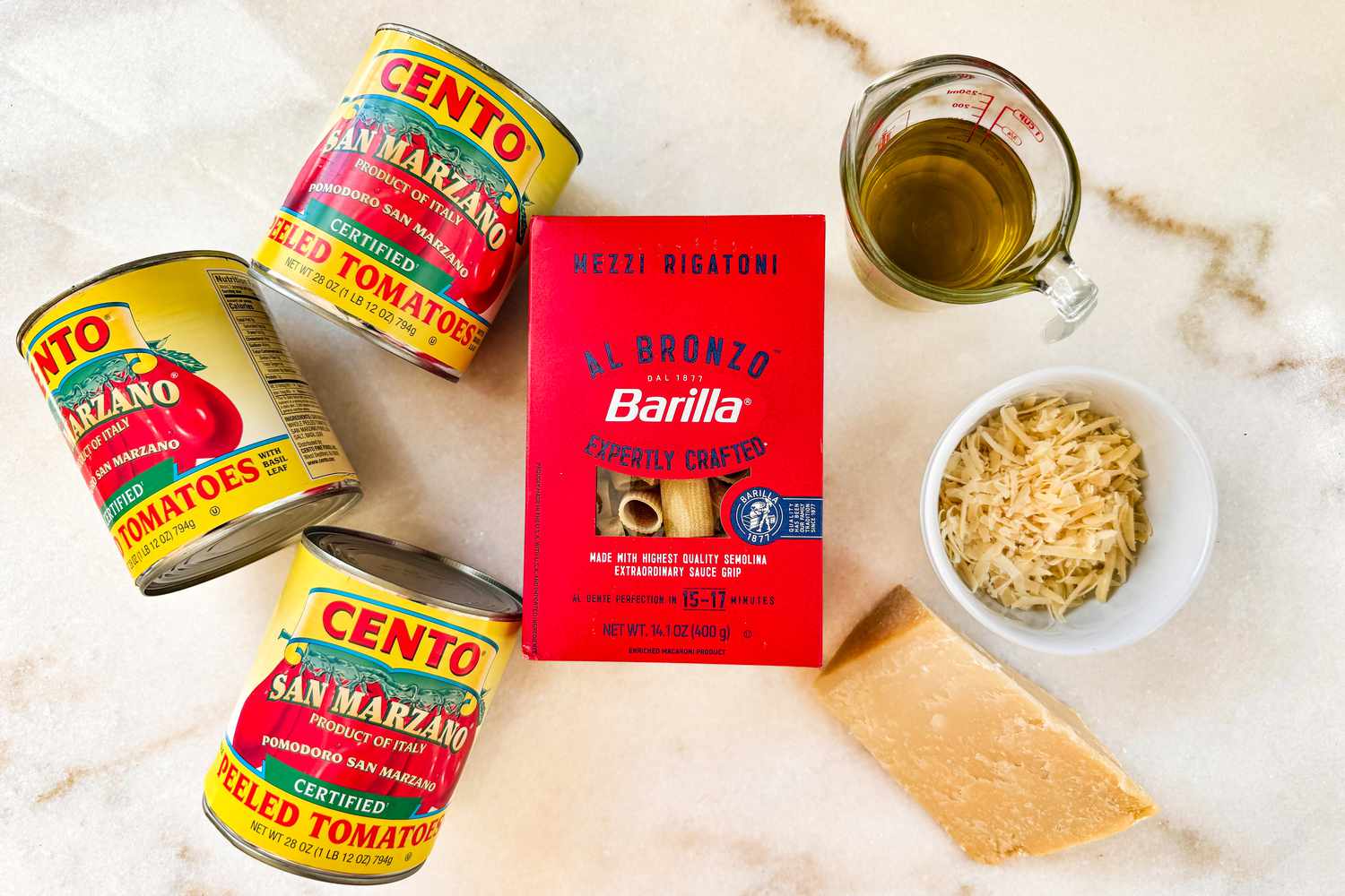 Overhead shot of ingredients for Alan Alda's baked pasta