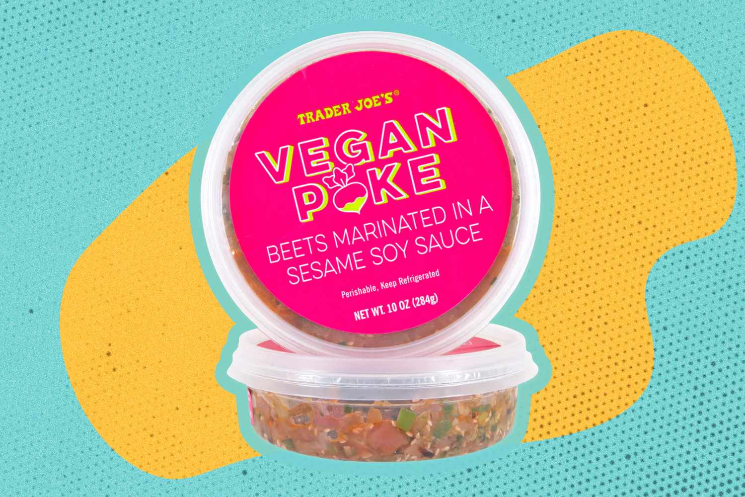 Trader Joe's Vegan Poke on a yellow and blue color blob background