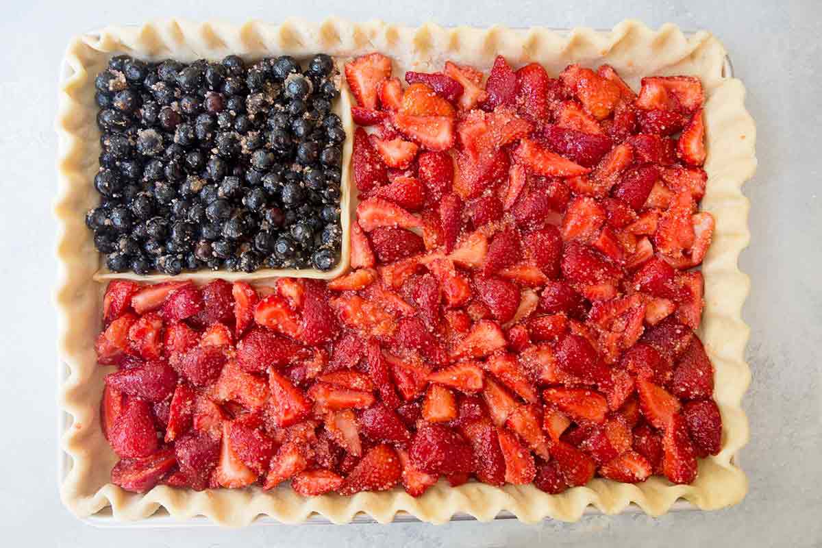 add blueberry and strawberry filling to american flag pie crust