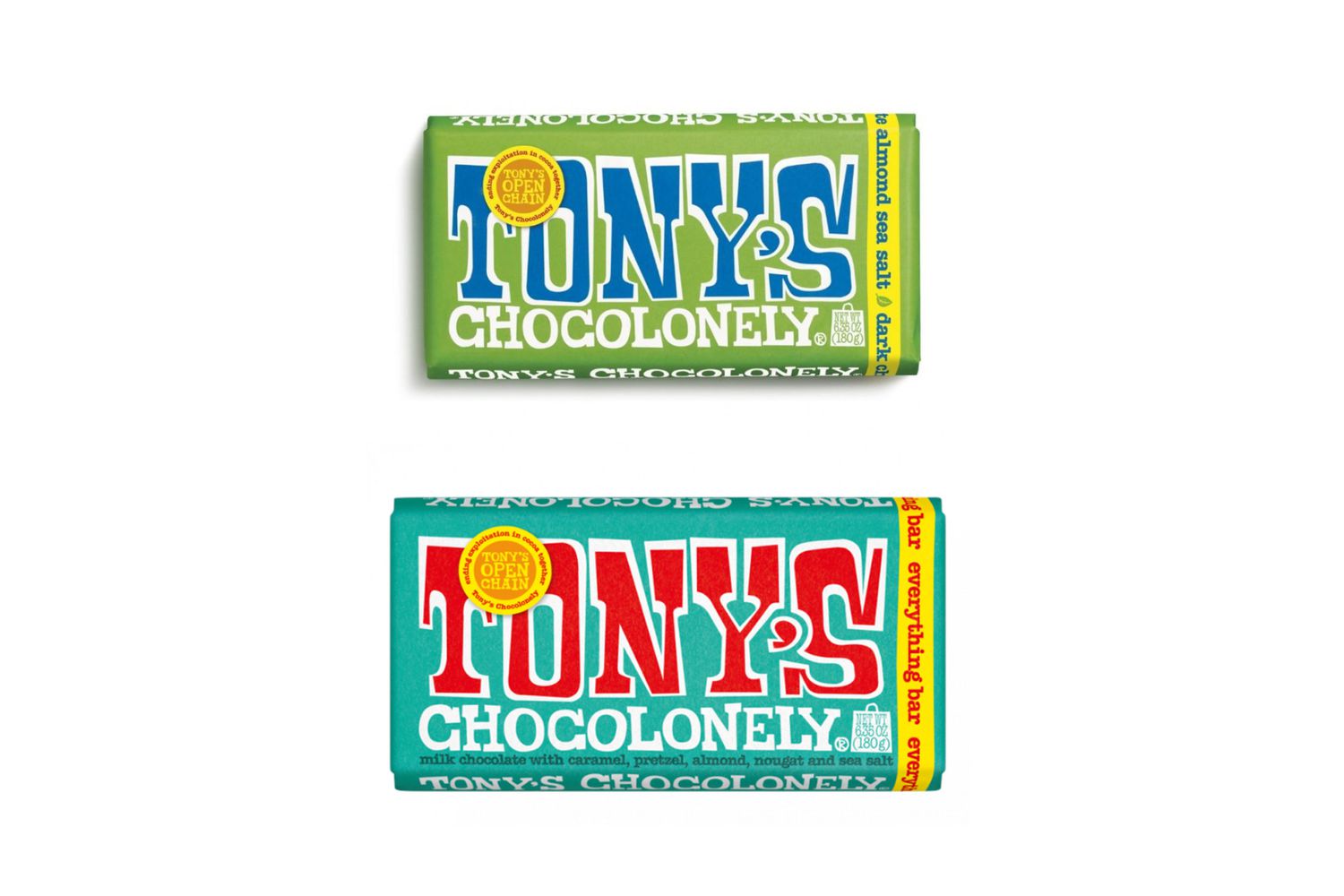 Tony's Chocolonely Everything and Tony's Chocolonely Dark Almond Sea Salt bars on a white background