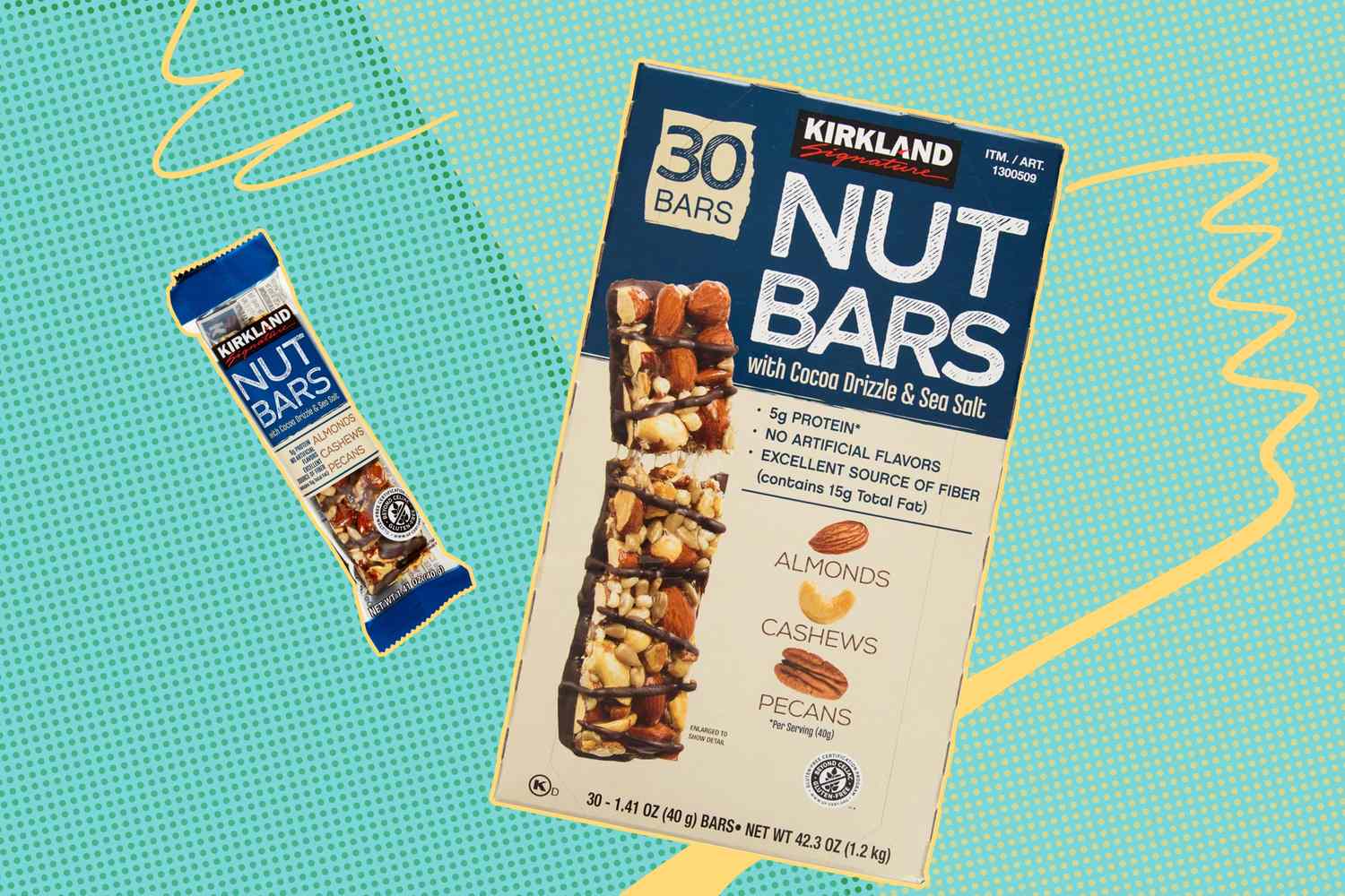 Kirkland Signature Nut Bars packaging and a single bar