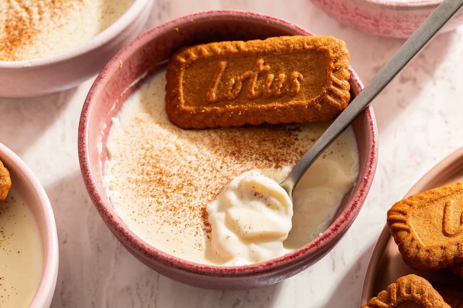 Dessert bowl of panna cotta with a cookie garnish spoon in the dish
