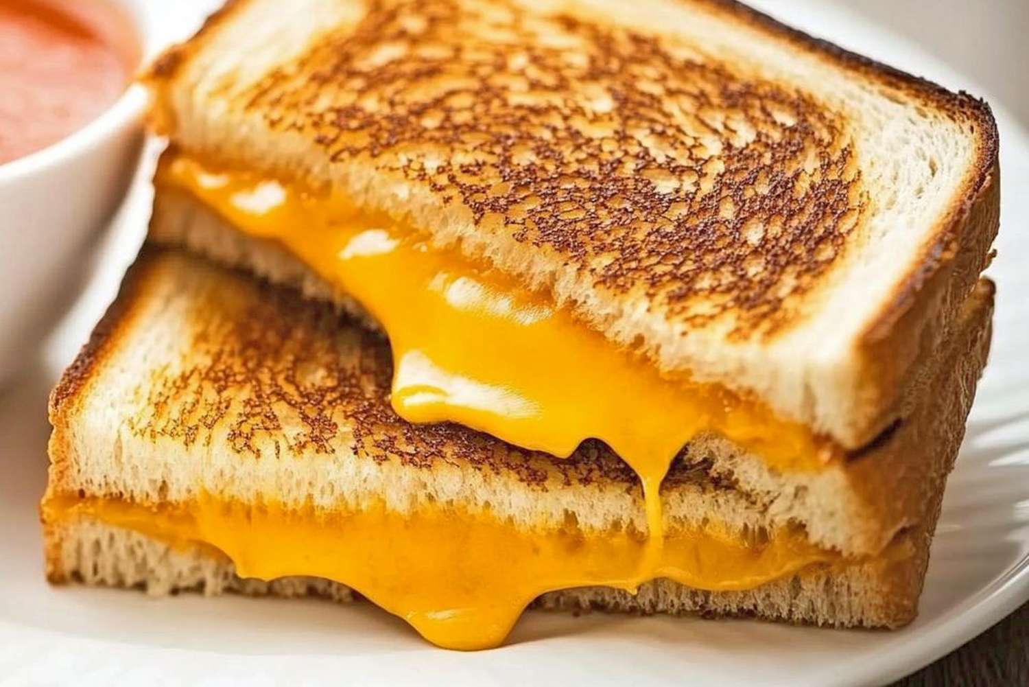 Grilled cheese sandwich with melted cheese served on a plate accompanied by a bowl of tomato soup in the background