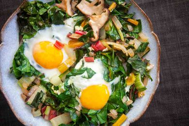 Eggs Nested in Sautéed Chard and Mushrooms